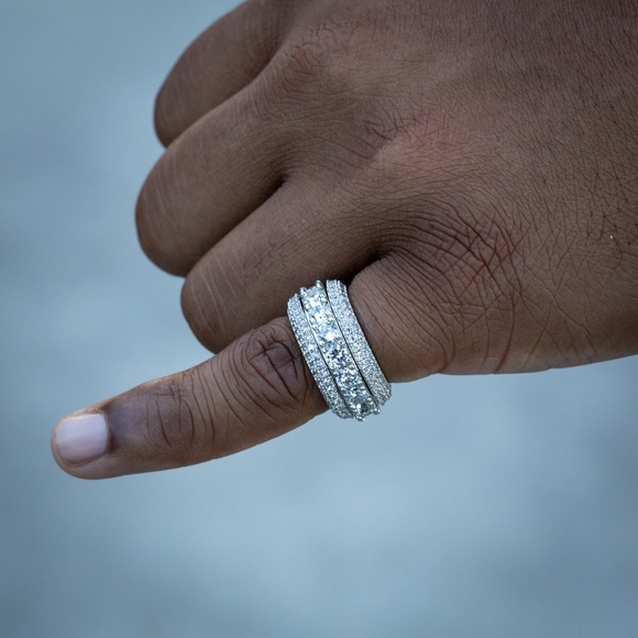 Men's White Gold Plated Iced Cz Pointer Hip Hop Elegant 5 Layered Eternity Ring - Picture 3 of 6